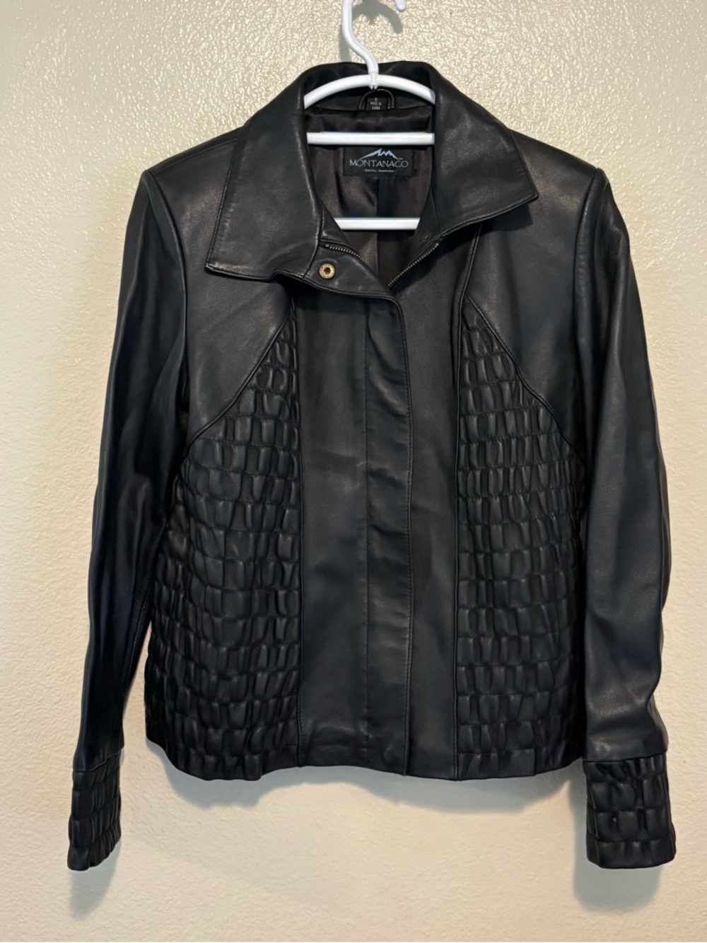 Vtg Montanaco Black Genuine Leather Jacket Puckered Dragon Scale Y2K Size Small